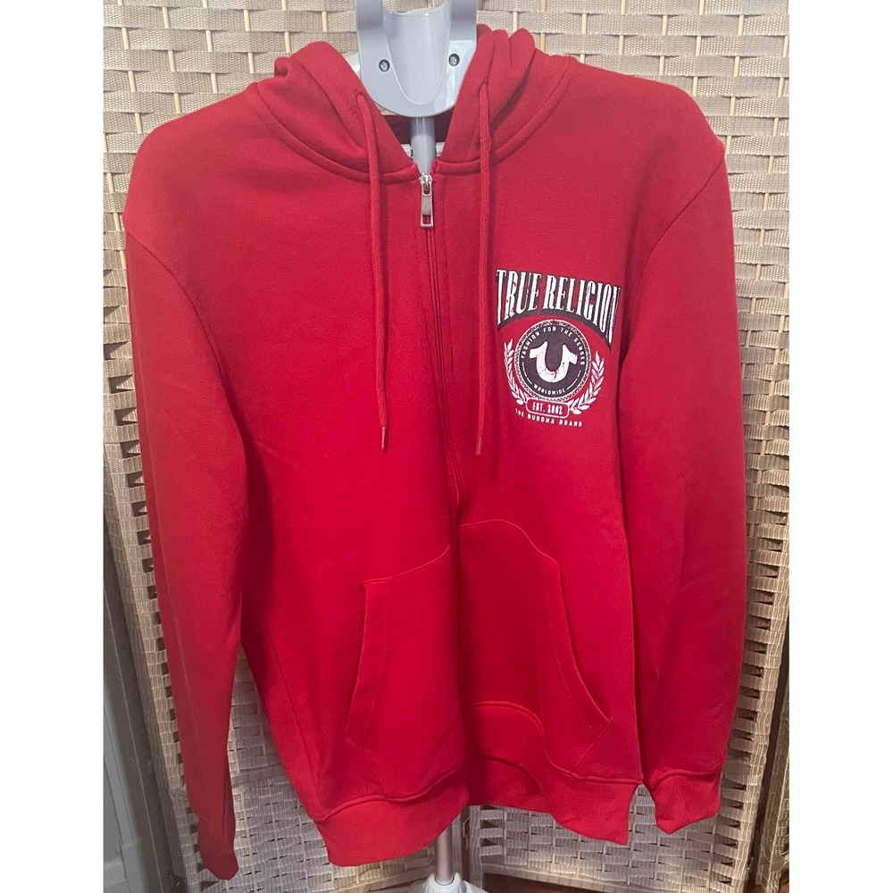 True Religion Mens College HS Zip Hoodie Red Distressed Logo Sweatshirt L